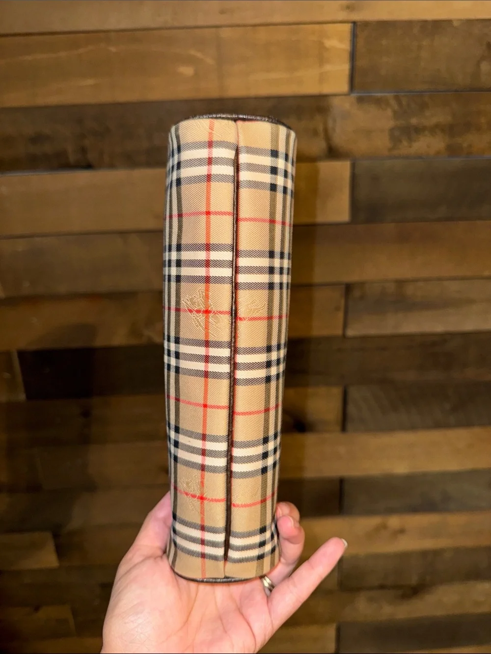 Burberry Tan Plaid Zip Cosmetic Pouch with Brown Trim